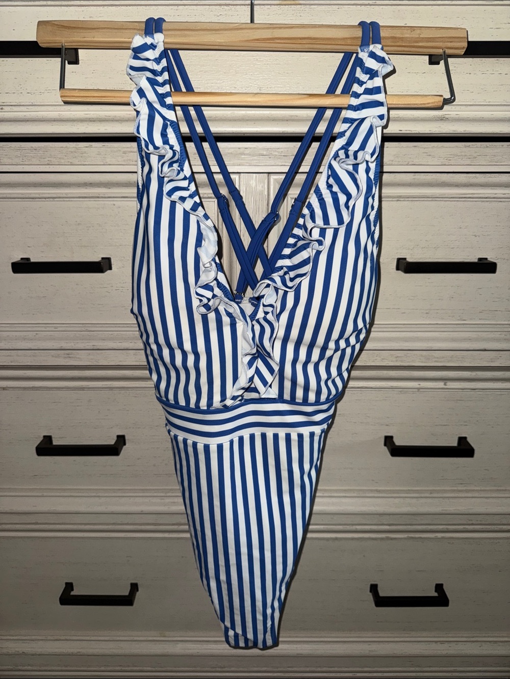 Cupshe Blue & White Striped Ruffle One-Piece Swimsuit NWOT